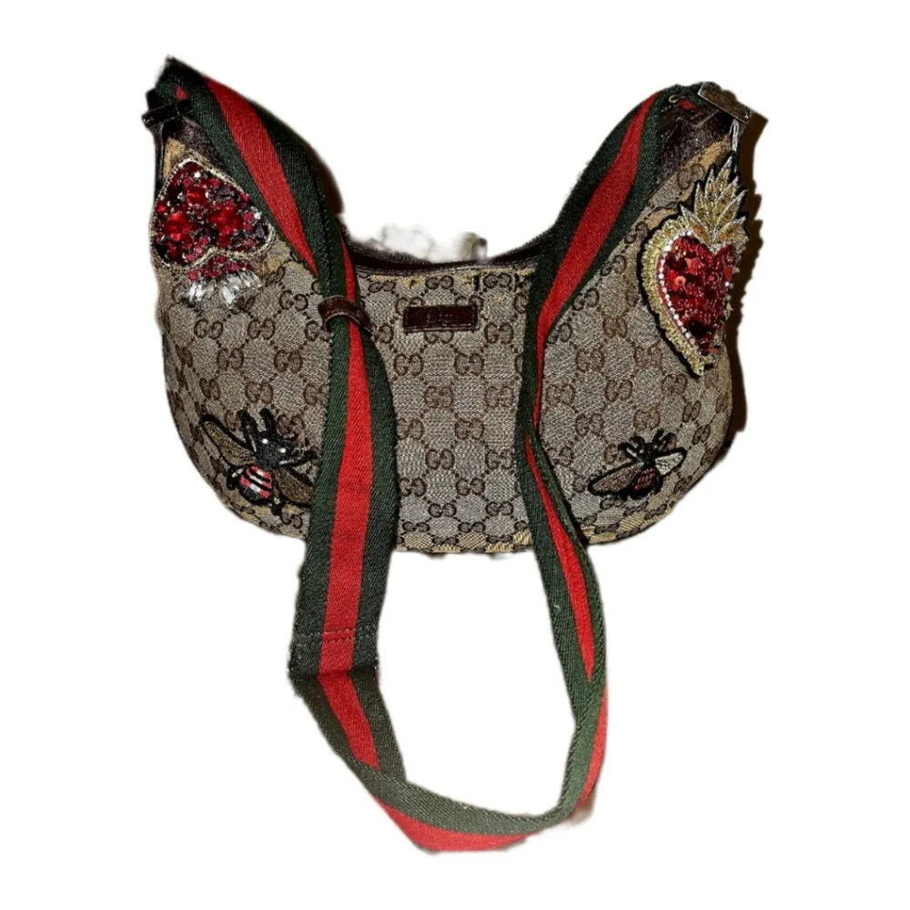 Auth. GUCCI Iconic Sherry Line GG Web Canvas Shoulder Bag W/Bee Applique - Picture 7 of 11